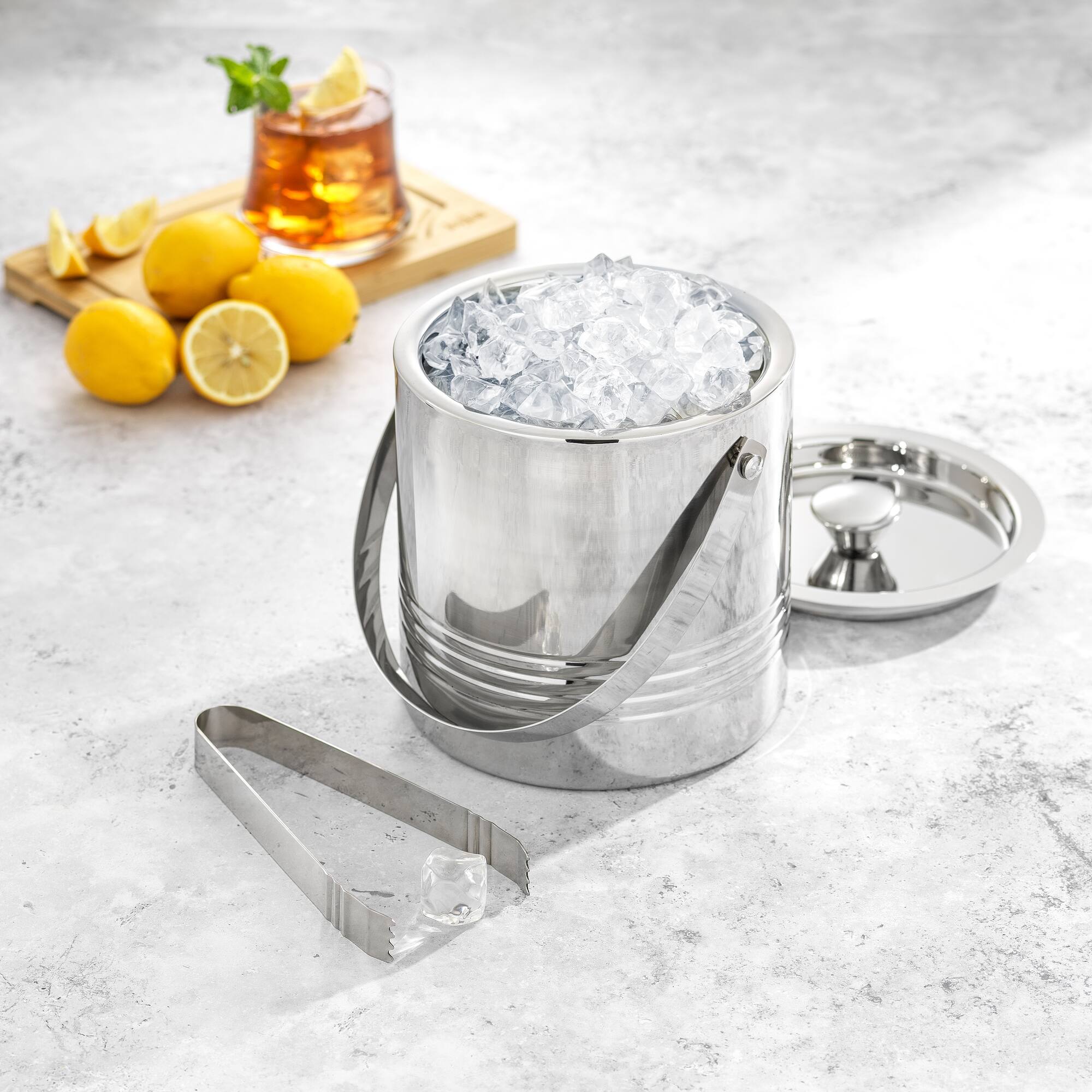 JoyJolt® Double Wall Stainless Steel Ice Bucket with Strainer & Tongs